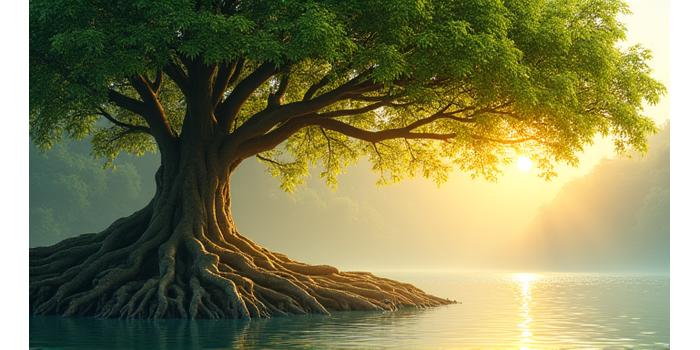 Holistic health program with a banyan tree and serene background